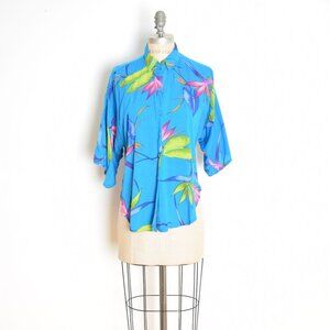 vintage 80s top Hawaiian print aloha shirt blue floral blouse button up rayon M